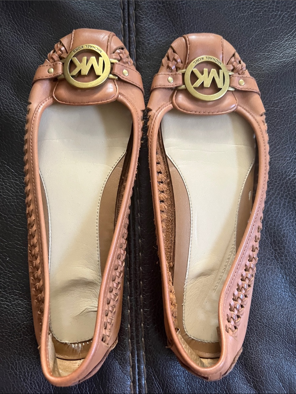 Michael Kors Cognac Braided Leather Logo Ballet Flats